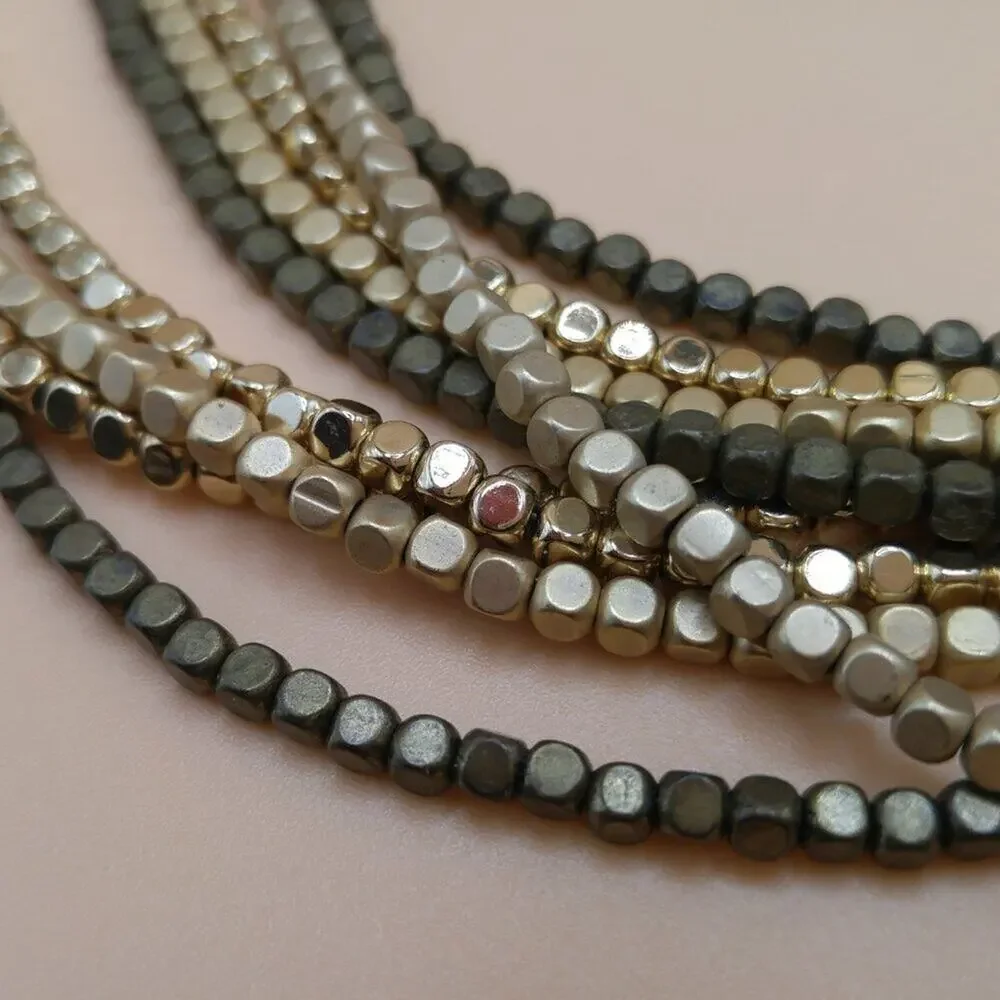 Chico’s Multistrand Metallic Gold Cube Bead Necklace Layered Statement